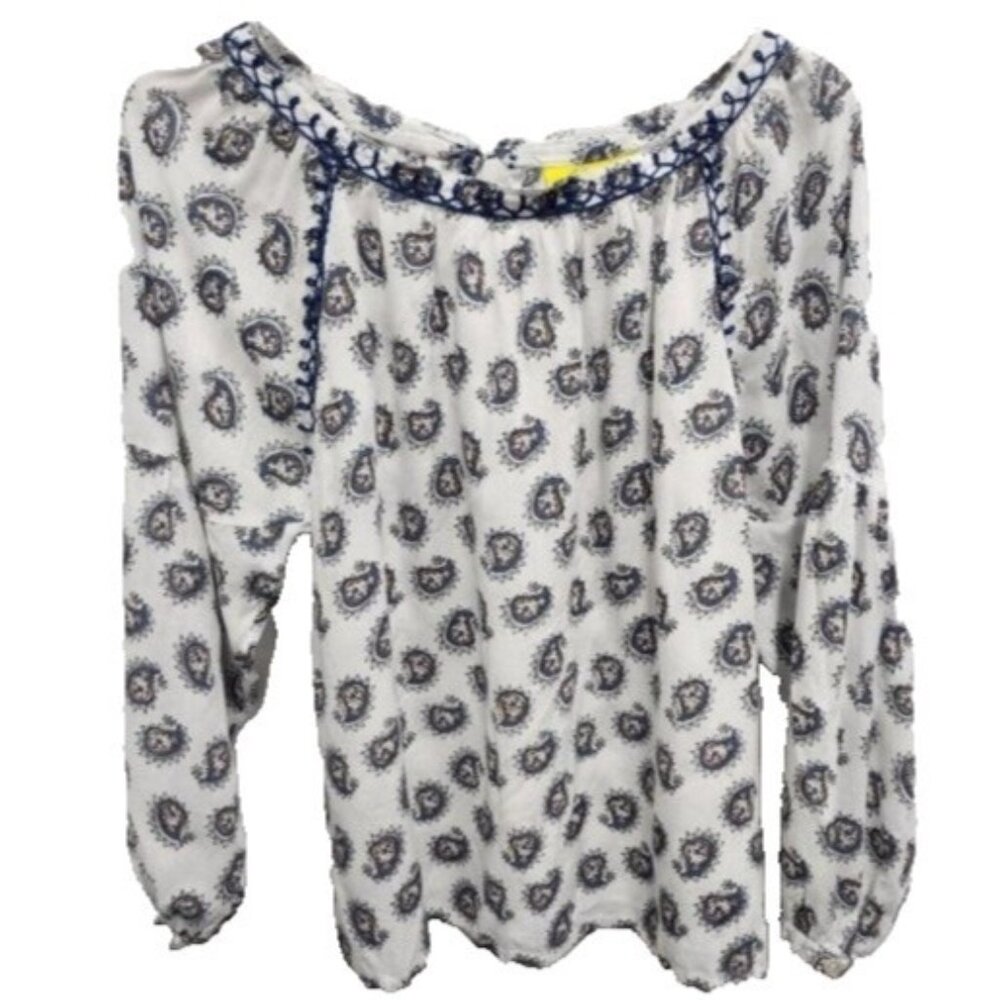 Roller Rabbit Womens‎ Top Medium White Paisley Bishop Sleeve BOHO Peasant Casual